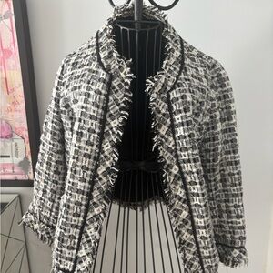 Black & White Tweed Fringe Open-Front Jacket